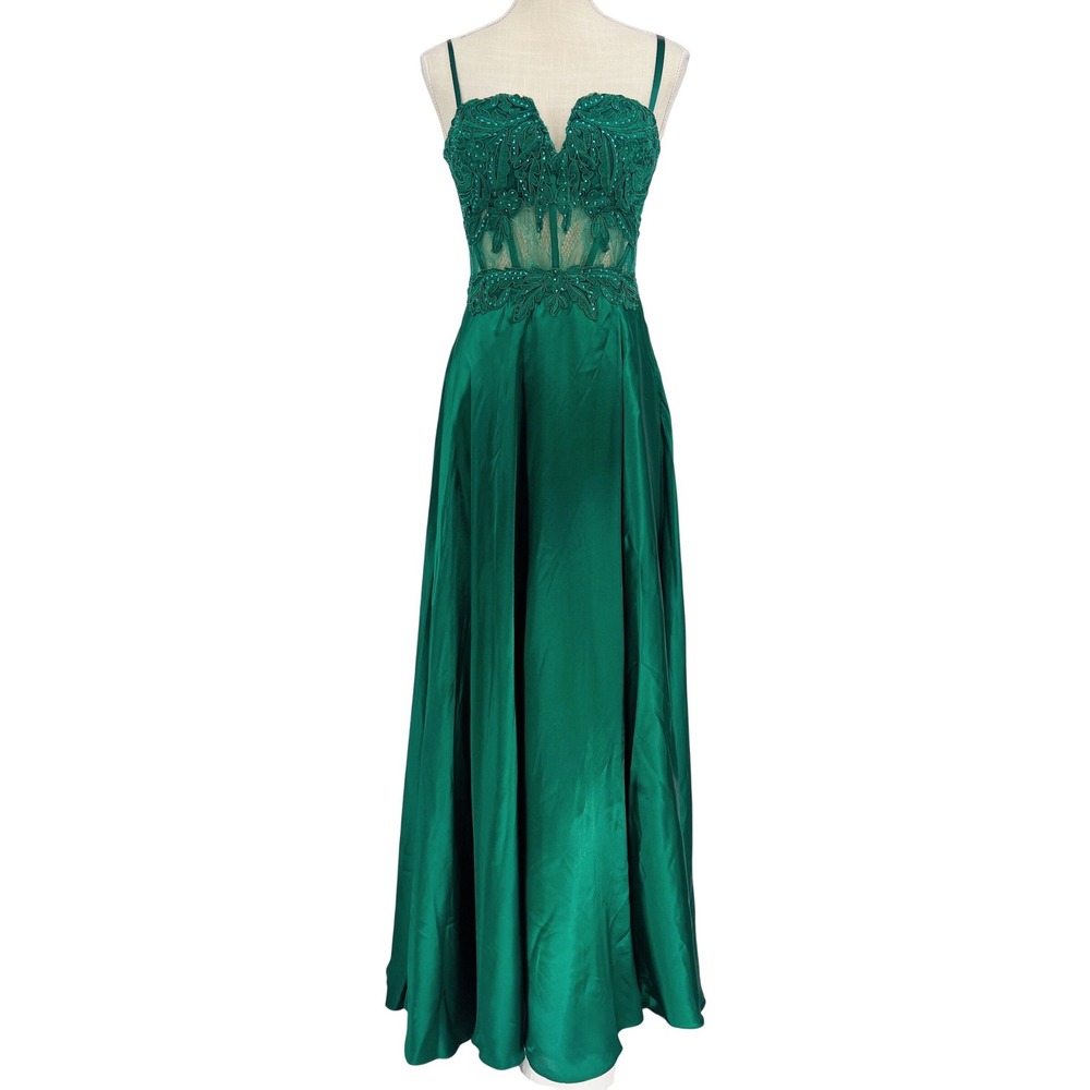 Blondie Nites Gown Womens 7 Green Lace Corset Satin Prom Formal Dress Faux Wrap